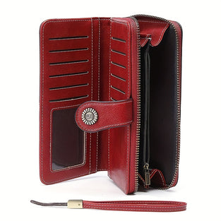 Solid Color Large Capacity Long Wallet, Vintage Multi Functional Coin Purse With Zipper & Wristband