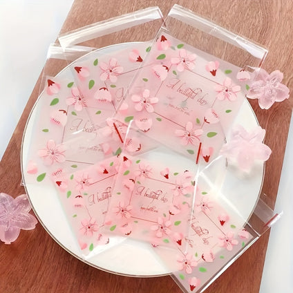 100pcs Pink Cherry Flower Pattern Self-Adhesive Plastic Bags, 15*15cm/5.9x5.9inches, For Candy, Cookies & Baked Goods, Home & Kitchen Use, Aesthetic Treat Packaging For Picnics & Parties