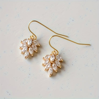 14k Gold Plated Leaf Design Dangle Earrings with Zirconia