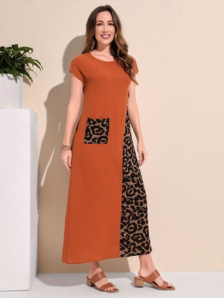 Contrast Leopard Crew Neck Dress, Elegant Short Sleeve Dress For Spring & Summer, Women's Clothing