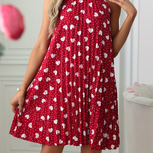 Heart Print Pleated Halter Dress, Sleeveless Hollow Out Back Dress, Women's Clothing