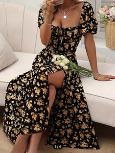 Floral Print Puff Sleeve Dress, Chic Split Hem A-line Dress For Spring & Summer, Women's Clothing