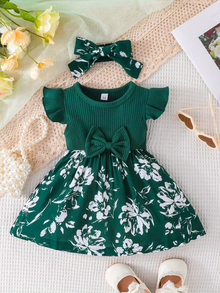 Blossoming Beauty: 2pcs Baby Girls Casual Floral & Bowknot Fly Sleeve Dress Headband Set