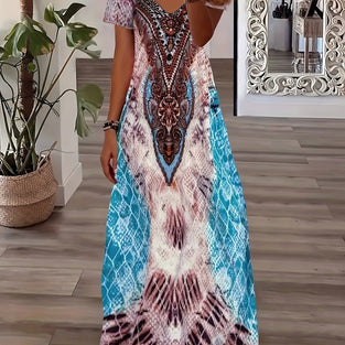 Ethnic Print V-neck Dress, Vintage Short Sleeve Maxi Dress For Spring & Fall, Women's Clothing