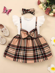 2pcs Infant Baby Girls Splicing Suspender Dress & Headband Set: Fly Sleeve, Bow, Plaid - Toddler Clothes