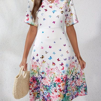 Butterfly Print V Neck Dress, Versatile Short Sleeve Dress For Spring & Summer, Women's Clothing