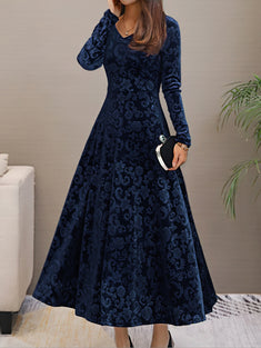 Floral Pattern Maxi Dress, Elegant V Neck Long Sleeve Dress, Women's Clothing