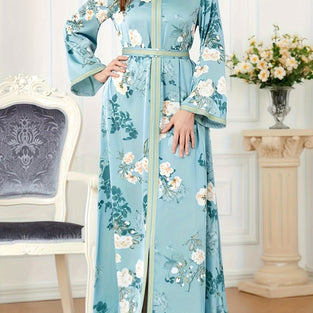 Ramadan Floral Print V-neck Split Kaftan Dress, Elegant Tie Waist Maxi Length Dress, Women's Clothing