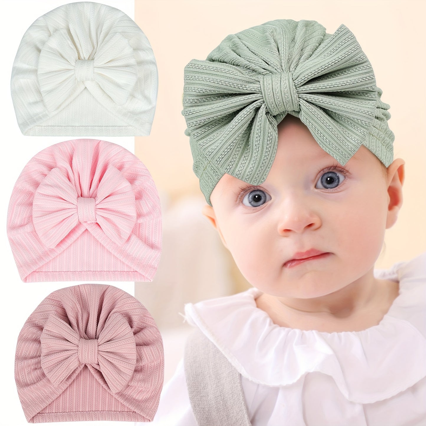 3PCS Four-Sided Elastic Baby Plain Color Hats with Bowknot for Baby Girls - Cute and Stylish Accessories