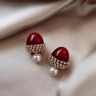 Faux Pearl Dangle Earrings with Cherry Design and Rhinestones