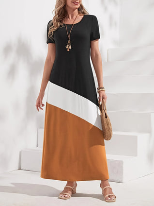 Colorblock Crew Neck Dress, Casual Short Sleeve Dress For Summer & Spring, Women's Clothing