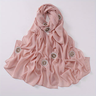 Elegant Chiffon Hijab Rhinestone Faux Pearl Decor Scarf Solid Color Shawl Casual Windproof Head Wrap For Women