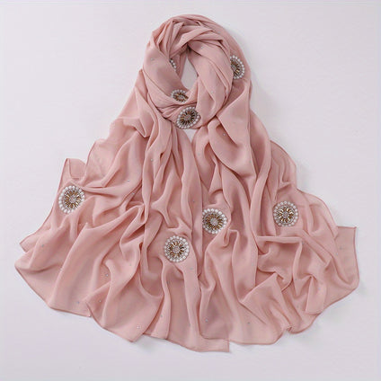 Elegant Chiffon Hijab Rhinestone Faux Pearl Decor Scarf Solid Color Shawl Casual Windproof Head Wrap For Women