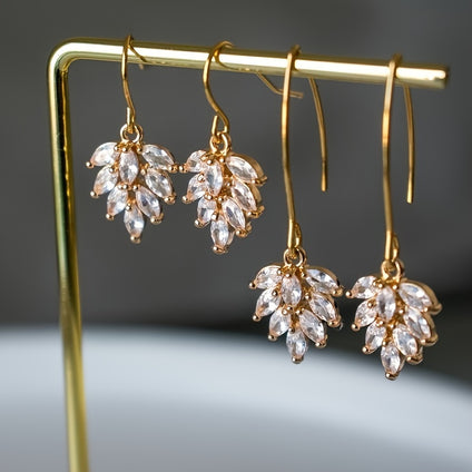 14k Gold Plated Leaf Design Dangle Earrings with Zirconia