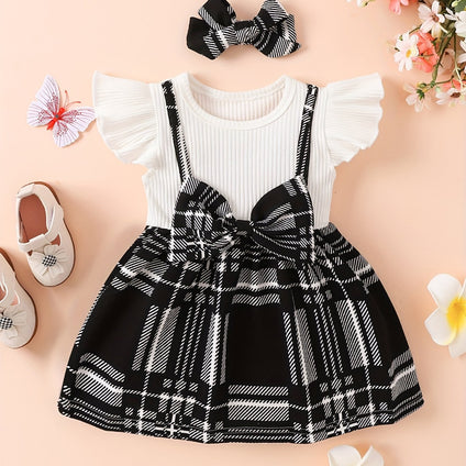 2pcs Infant Baby Girls Splicing Suspender Dress & Headband Set: Fly Sleeve, Bow, Plaid - Toddler Clothes