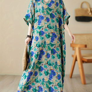 Allover Print V Neck Linen Dress, Elegant Batwing Sleeve Maxi Dress For Vacation, Women's Clothing