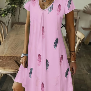 Feather Print V Neck Dress, Casual Short Sleeve Loose Dress For Spring & Summer, Women's Clothing