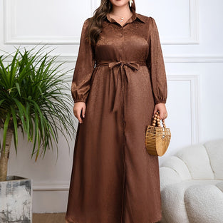 Plus Size Floral Pattern Button Front Belted Dress, Casual Collared Long Sleeve Dress For Spring & Fall, Women's Plus Size Clothing For Ramadan