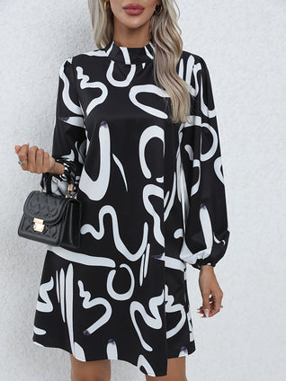 Abstract Print Mini Dress, Casual Mock Neck Long Sleeve Dress, Women's Clothing