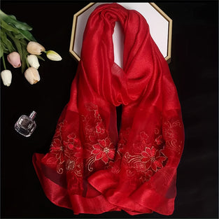 Elegant Embroidered Flower Scarf Shimmering Thin Breathable Shawl Simple Style Windproof Sunscreen Scarf Suitable For Daily Wear Travel