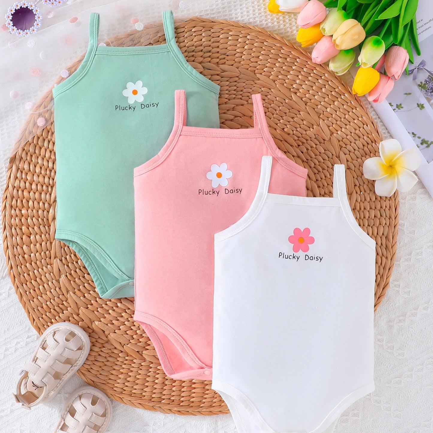 3-Piece Baby's Cartoon Flower Print Romper Set: Adorable Sleeveless Onesies for Summer Fun