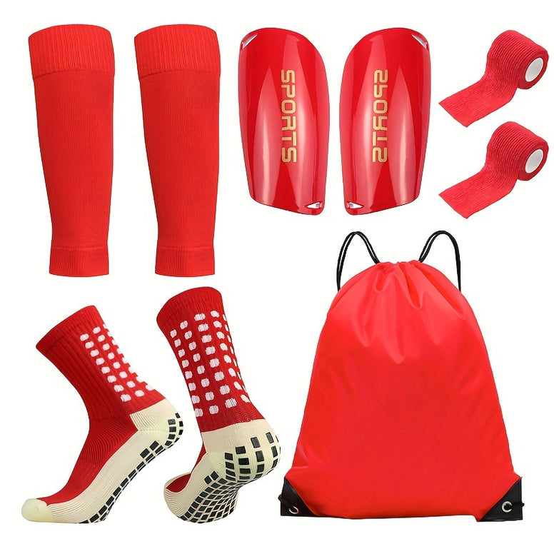 Ultimate 5-Piece Soccer Sports Gear Set with Silicone Grip Socks, Shin Guards, Backpack, and SportsTapes - Premium Quality Polyester and Elastane Knitted Tube Socks - Perfect for Soccer Enthusiasts!