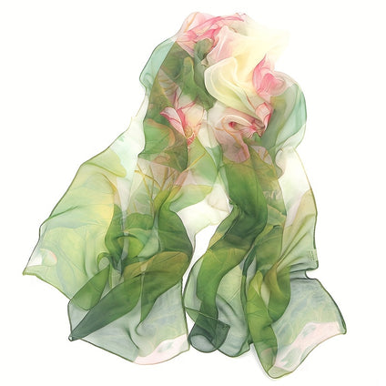 Gentle Chiffon Scarf Lotus Printed Soft Cozy Shawl Thin Breathable Sunscreen Travel Scarf For Women