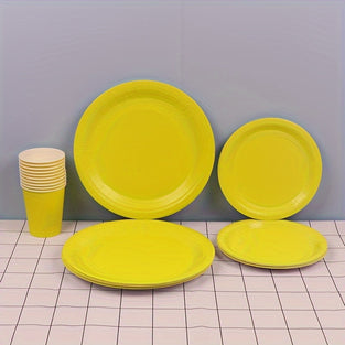 10/30pcs Yellow Disposable Paper Plates Set, Disposable Dinner Plate, Paper Cups, Dessert Cake Plate, Salad Plate, For Home Birthday Party Wedding Picnic, Dinnerware Accessories, Party Supplies