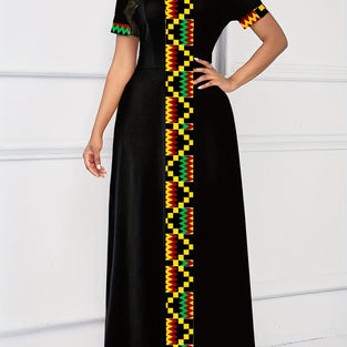 Ethnic Print Keyhole Dress, Casual Crew Neck Short Sleeve Maxi Dress, Women's Clothing