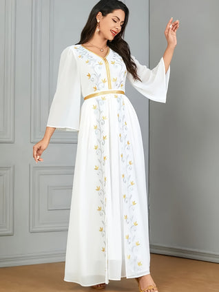 Ramadan Mesh Embroidered Kaftan Dress, Elegant V Neck Bell Sleeve Ankle Length Dress, Women's Clothing