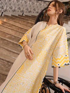 Geometric Print Notched Neck Kaftan, Elegant Half Sleeve Maxi Dress, Women's Clothing