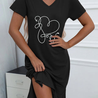 Heart Graphic Print Pockets T-shirt Dress, Short Sleeve V Neck Casual Dress For Summer & Spring, Women's Clothing