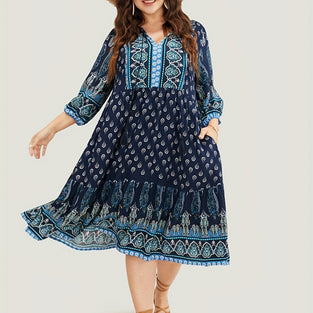 Plus Size Retro Dress, Women's Plus Arabesque Print Lantern Sleeve Tie Front V Neck Flowy Dress With Pockets