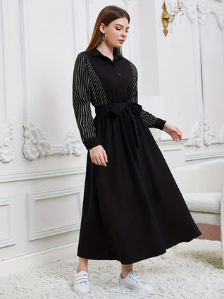 Button Front Belted Dress, Elegant Long Sleeve Dress For Spring & Fall, Women's Clothing