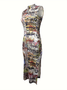 Allover Print Column Tank Dress, Stylish Sleeveless Mock Neck Split Hem Dress, Women's Clothing