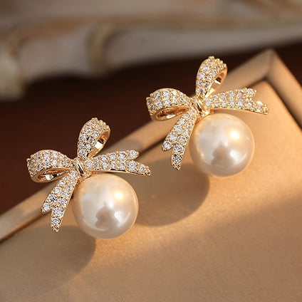 Faux Pearl Pendant Exquisite Golden Bow Dangle Earrings Elegant Simple Style Delicate Female Earrings