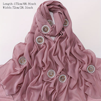 Elegant Chiffon Hijab Rhinestone Faux Pearl Decor Scarf Solid Color Shawl Casual Windproof Head Wrap For Women