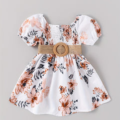 Summer Floral Print Toddler Baby Girl Off-Shoulder Lantern Sleeve Swing Dress with Customized Belt