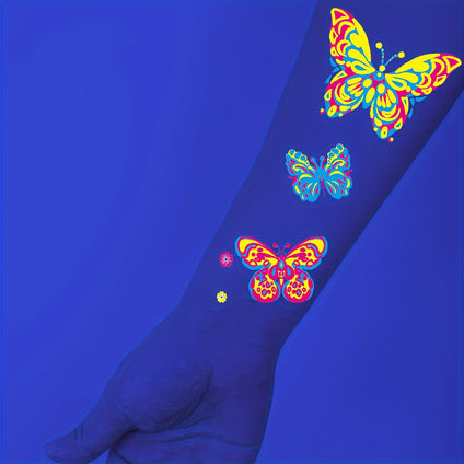 10pcs (90 Patterns), Colorful Butterfly Fluorescent Temporary Tattoo Stickers, Glow In The Dark Fake Tattoo Stickers, Party Bar Party Body Art Makeup Tattoos For Women