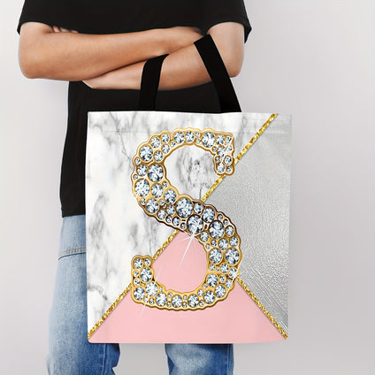 1pc, Marble Geometric Background Shining Diamond Letter S Digital Printed Canvas Bag, Large Tote Top Handle Shoulder Bags, Shopping Travel Work Reusable Portable Tote Bag, Party Supplies, Holiday Supplies