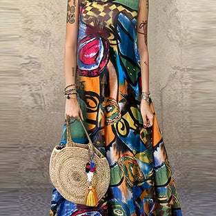 Abstract Print Maxi Dress, Boho Crew Neck Sleeveless Dress, Women's Clothing