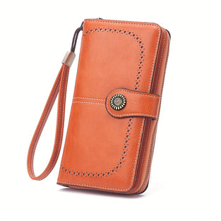Solid Color Large Capacity Long Wallet, Vintage Multi Functional Coin Purse With Zipper & Wristband