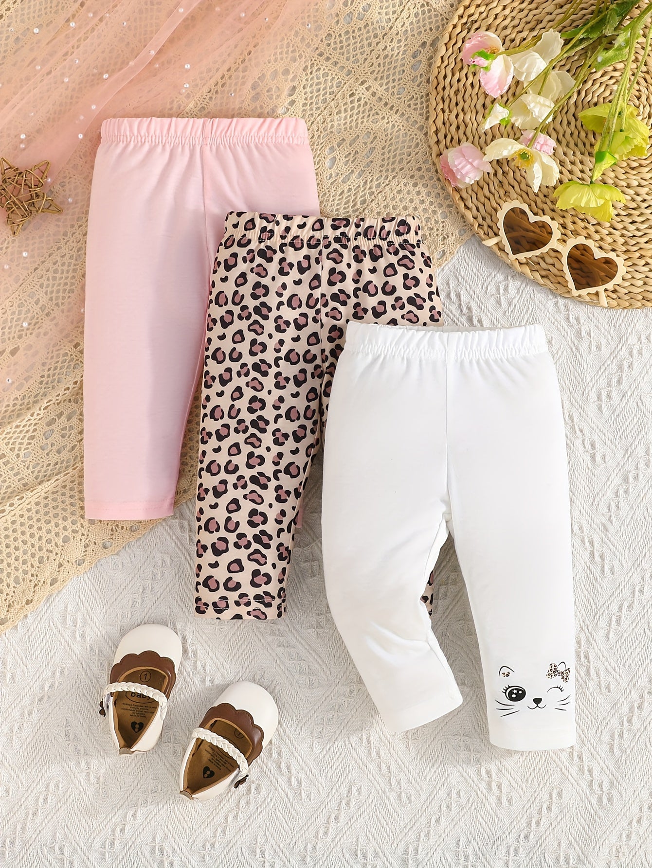 3-Piece Baby's Casual Pants Set: Solid Color & Leopard Pattern Elastic Waist Trousers for Infant Toddler Girls