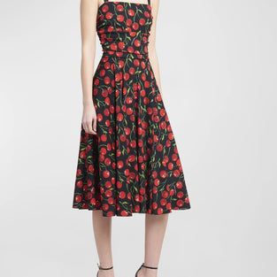 Cherry Print Ruffle Hem Tank Dress, Cute Sleeveless Slim Swing Dress For Spring & Summer, Women's Clothing