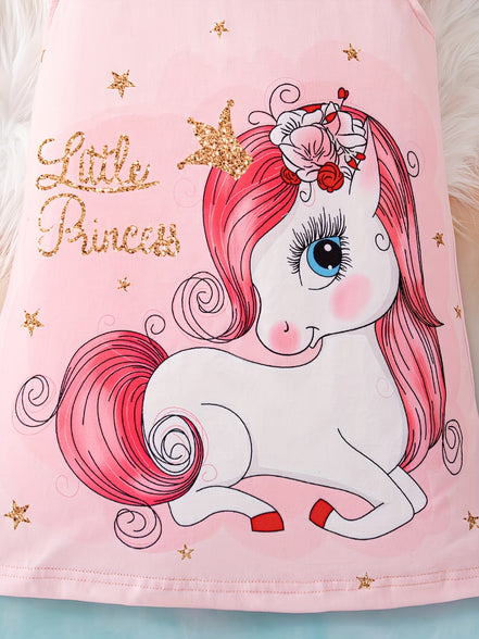 Sweet Girls Cartoon Princess Unicorn Graphic Flutter Trim Dress: Perfect for Summer Parties