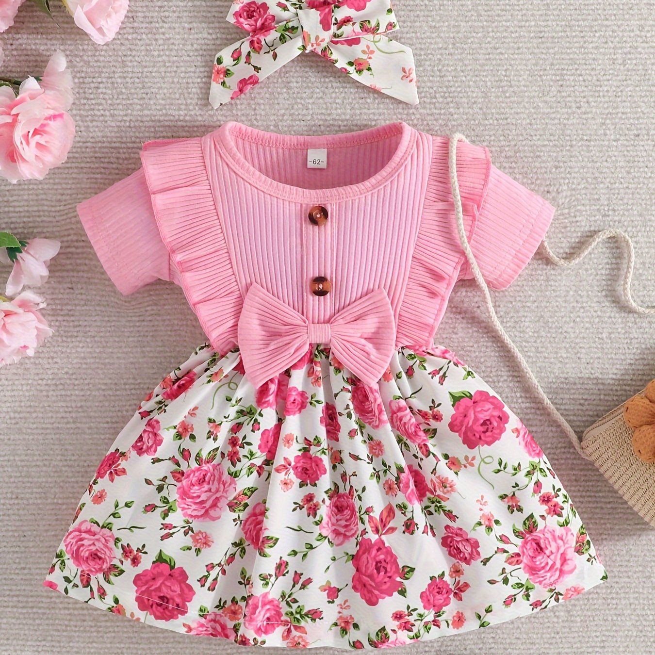 Adorable Baby Girls Casual Ruffle Short Sleeve Floral Dress with Headband Set