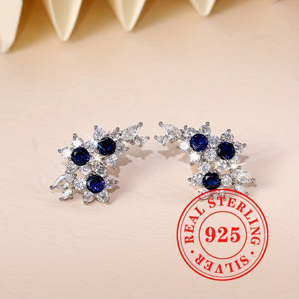 4.6g S925 Sterling Silver Blue Synthetic Gemstone Cluster Earrings, Women's Casual Party Jewelry, Bling Bling Elegant Style Wedding Accessories