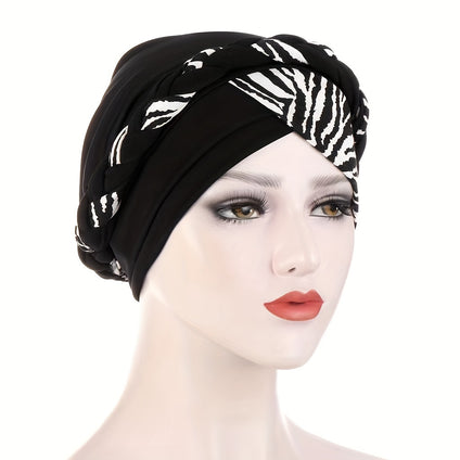 Elegant Flower Print Turban Hat Boho Braid Head Wraps Lightweight Elastic Beanies Headscarf For Women