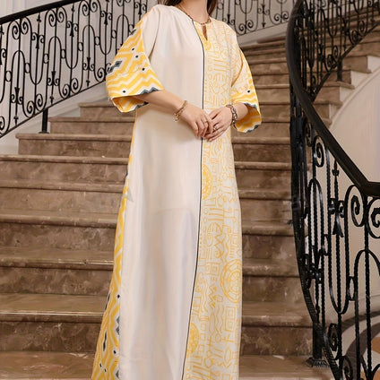 Geometric Print Notched Neck Kaftan, Elegant Half Sleeve Maxi Dress, Women's Clothing