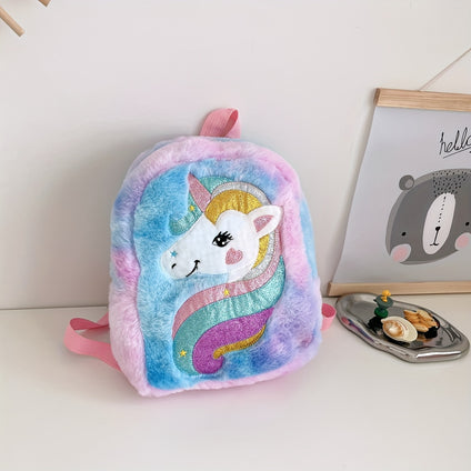 1pc Girl's Embroidered Cartoon Rainbow Horse Plush Backpack, Lightweight Cute Bag